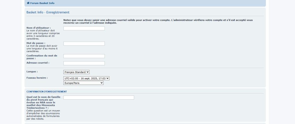 s'inscrire sur BasketInforum
