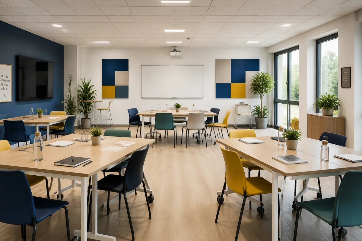 Salle de formation modulable illustrant comment aménager une salle de formation efficace, avec tables en îlots et espace central dégagé.