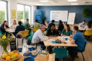 Salle de formation moderne aménagée efficacement, avec espace pause, tables modulables et participants échangeant lors d’ateliers pratiques.