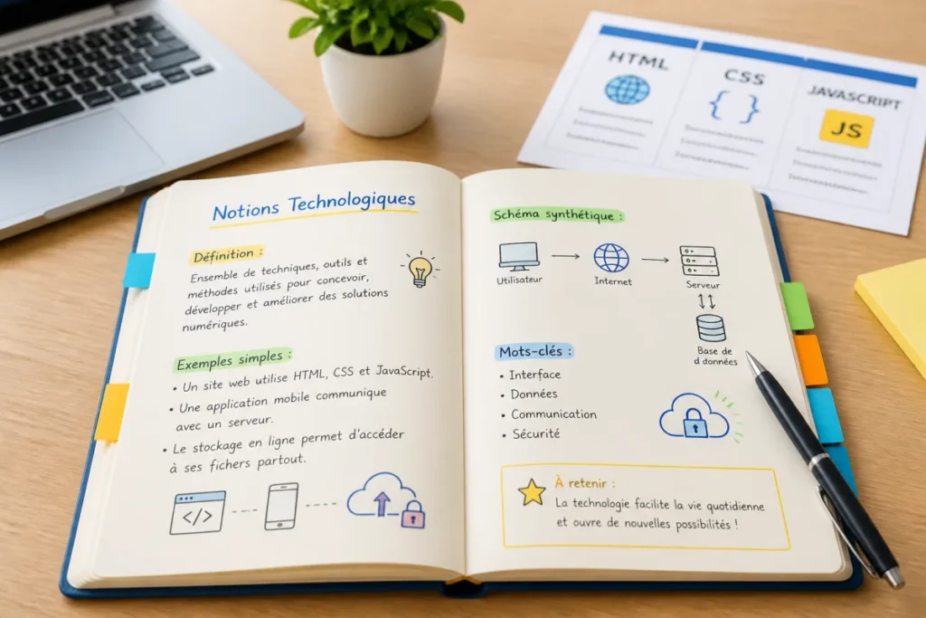 Cahier2Techno ouvert avec définitions technologiques, schémas colorés et stylo sur un bureau lumineux ליד ordinateur portable