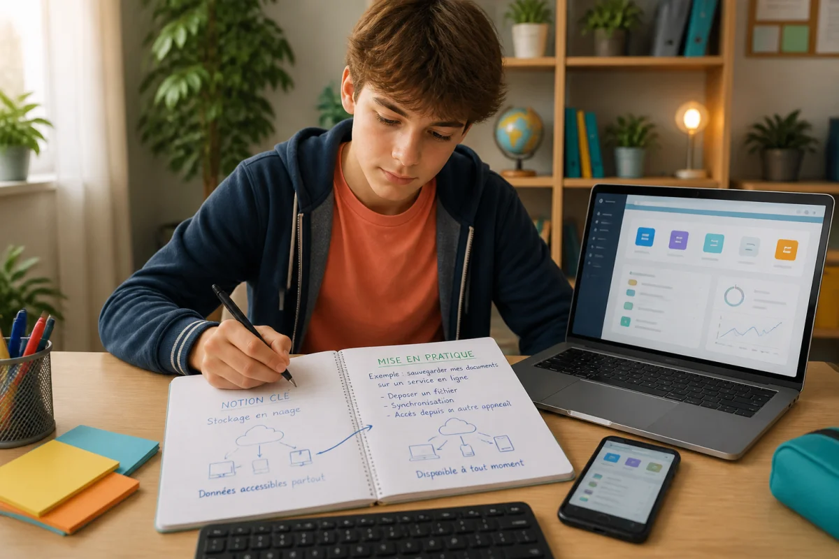 Cahier2Techno : adolescent reliant dans un cahier une notion numérique à un usage quotidien devant un ordinateur portable