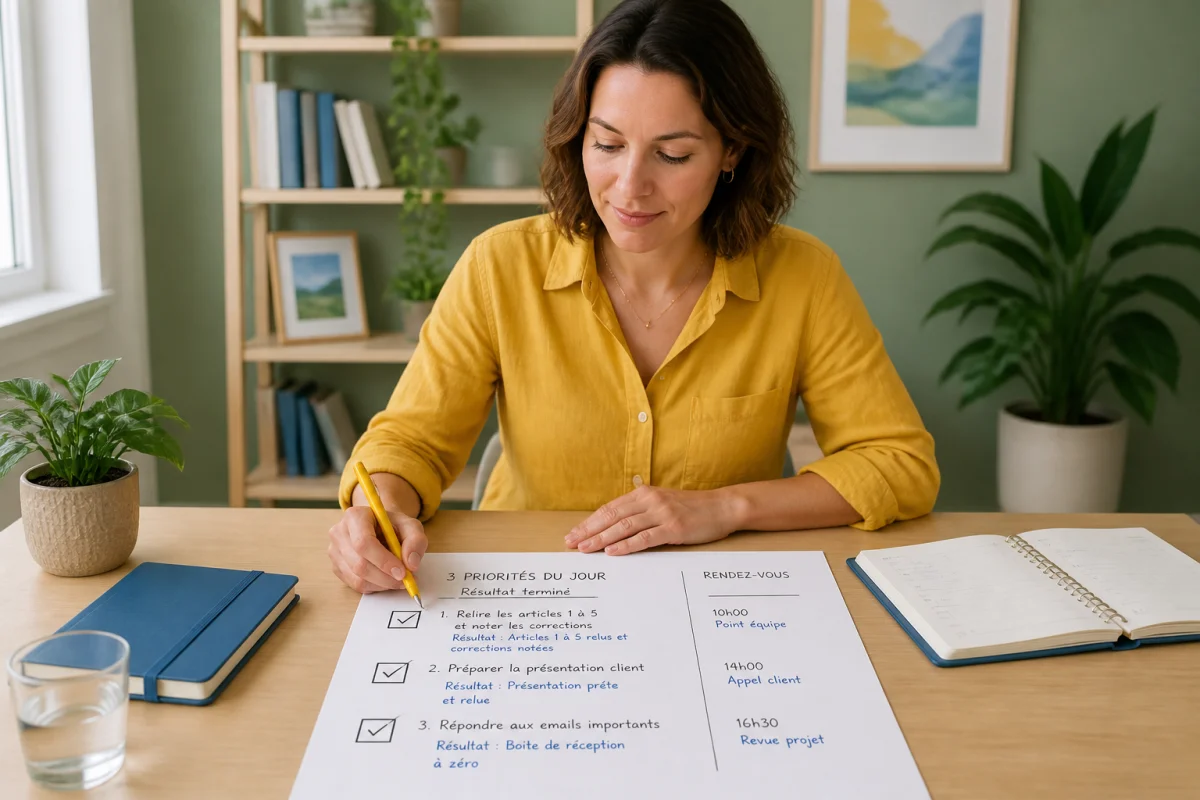 Professionnelle sélectionnant trois priorités sur une liste de tâches dans un bureau lumineux, illustrant les compétences organisationnelles au travail