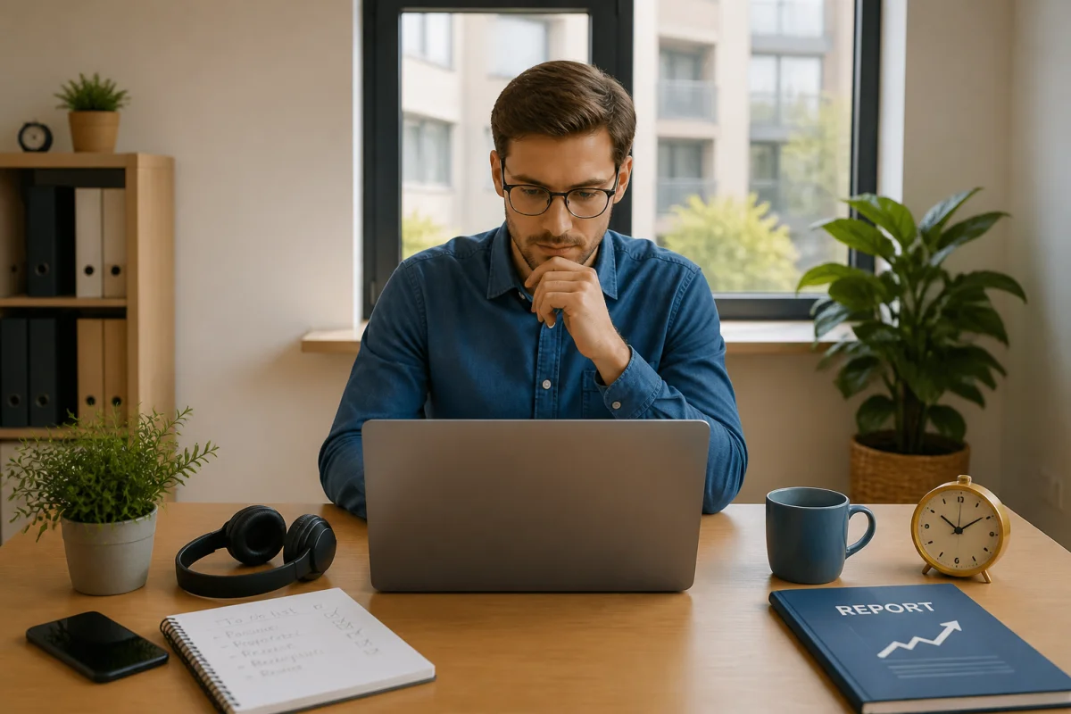 Professionnel concentré à son bureau, développant ses compétences organisationnelles au travail devant un ordinateur.