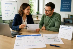 Formatrice en entreprise accompagnant un participant dans le suivi d’une mise en pratique et de ses résultats