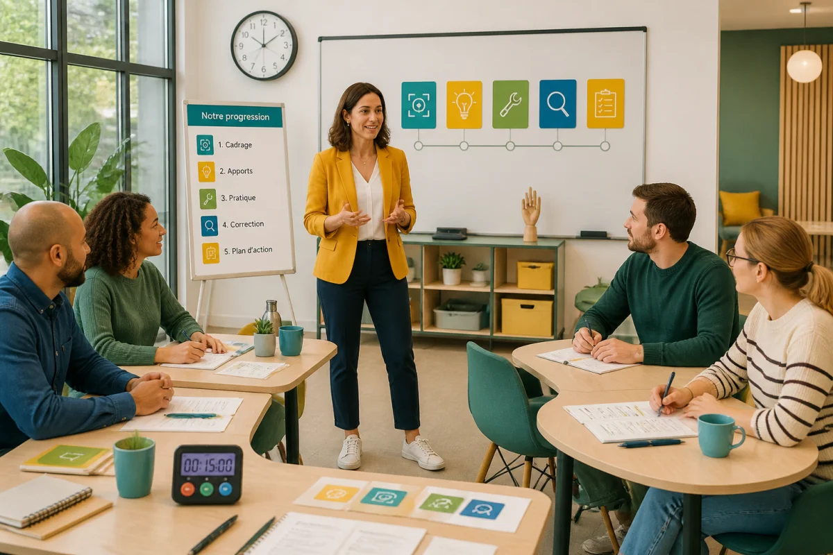 Devenir formateur en entreprise : formatrice animant une session pratique devant des participants engagés autour d’îlots.