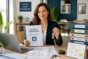 Candidat en reconversion tenant un dossier et des clés dans une agence immobilière pour devenir gestionnaire immobilier