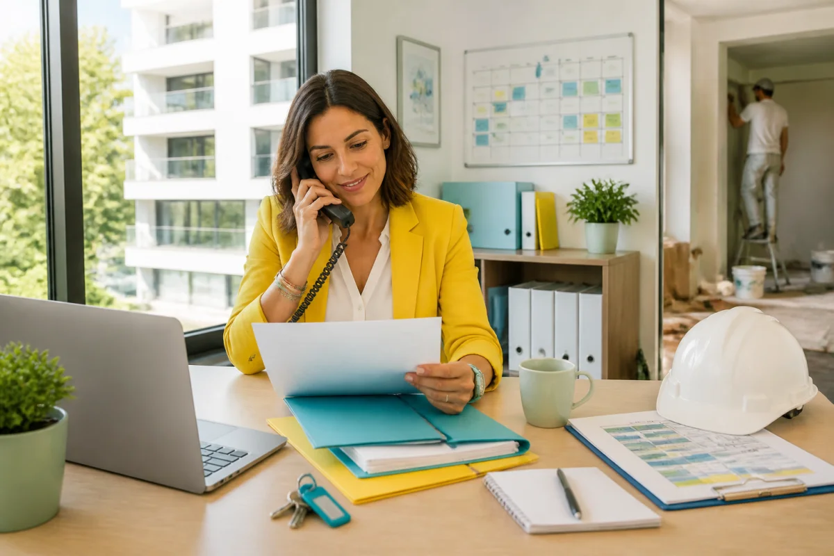 Devenir gestionnaire immobilier : professionnelle en reconversion consultant un dossier locatif et coordonnant une intervention technique.