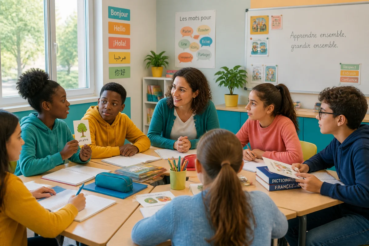 Élèves du collège Dunant à Meaux échangeant avec une enseignante dans une classe inclusive et chaleureuse.