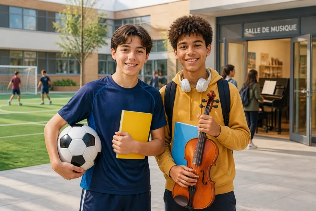 Deux collégiens souriants à Dunant, avec ballon de football et instrument de musique dans la cour de l’établissement