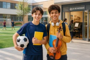 Deux collégiens souriants à Dunant, avec ballon de football et instrument de musique dans la cour de l’établissement