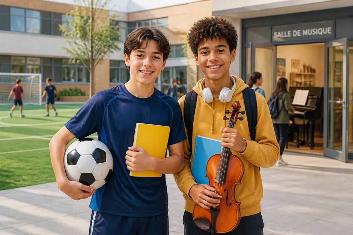 Deux collégiens souriants à Dunant, avec ballon de football et instrument de musique dans la cour de l’établissement