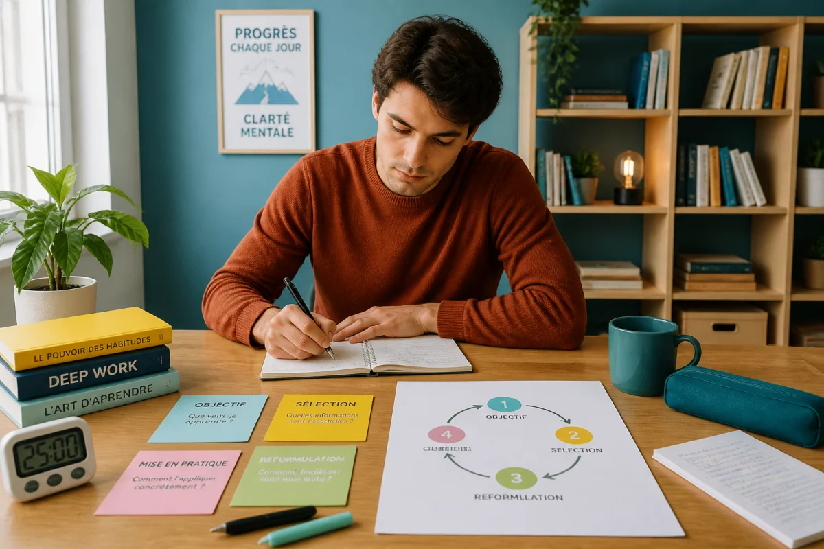 Jeune adulte appliquant la méthode Educati0n en quatre étapes à son bureau dans un coin d’étude lumineux