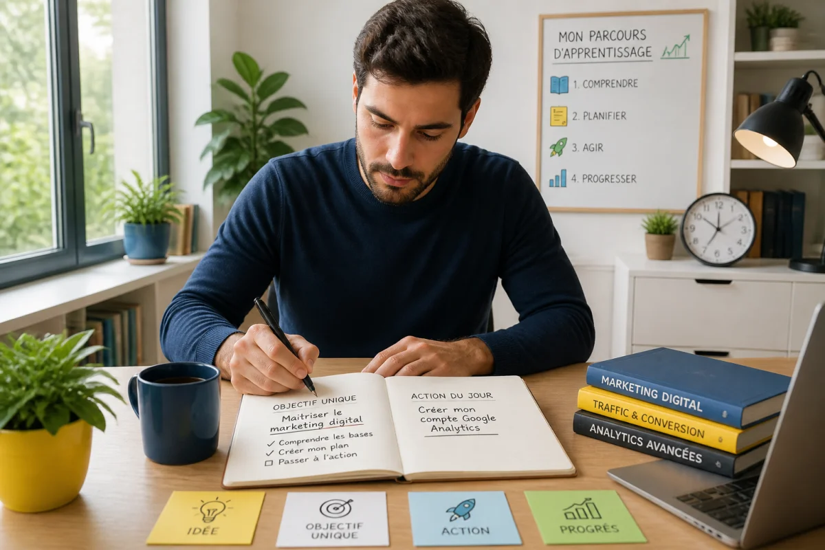 Educati0n : personne concentrée définissant un objectif d’apprentissage dans un carnet, dans un espace d’étude lumineux.