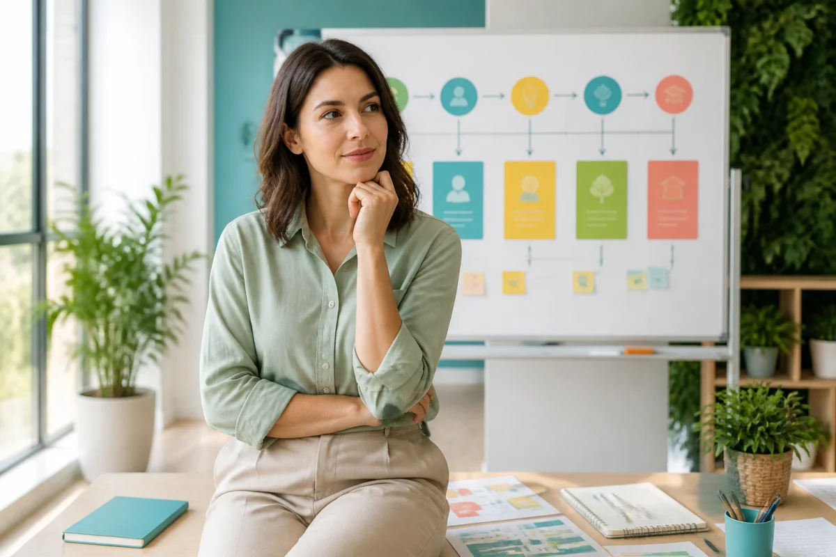 Formation Cma92 : adulte réfléchissant devant un parcours de formation structuré, avec objectifs et étapes clairement définis