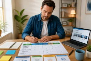 Formation Cma92 : adulte construisant un parcours personnalisé avec grille de décision, fiches colorées et ordinateur portable