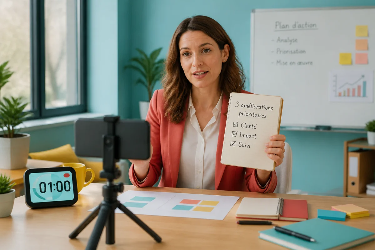 Professionnelle présentant face caméra, minuteur d’une minute et carnet à trois priorités pour formation prise de parole en public