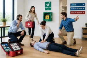 Équipe de collègues pratiquant les gestes de premiers secours en entreprise avec trousse et défibrillateur accessibles