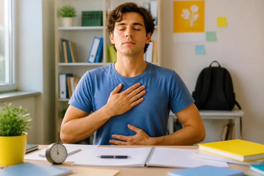 Étudiant pratiquant la respiration contrôlée pour gérer le stress avant un examen, dans un espace d’étude lumineux et calme