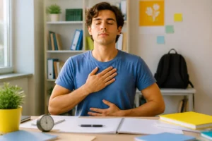 Étudiant pratiquant la respiration contrôlée pour gérer le stress avant un examen, dans un espace d’étude lumineux et calme