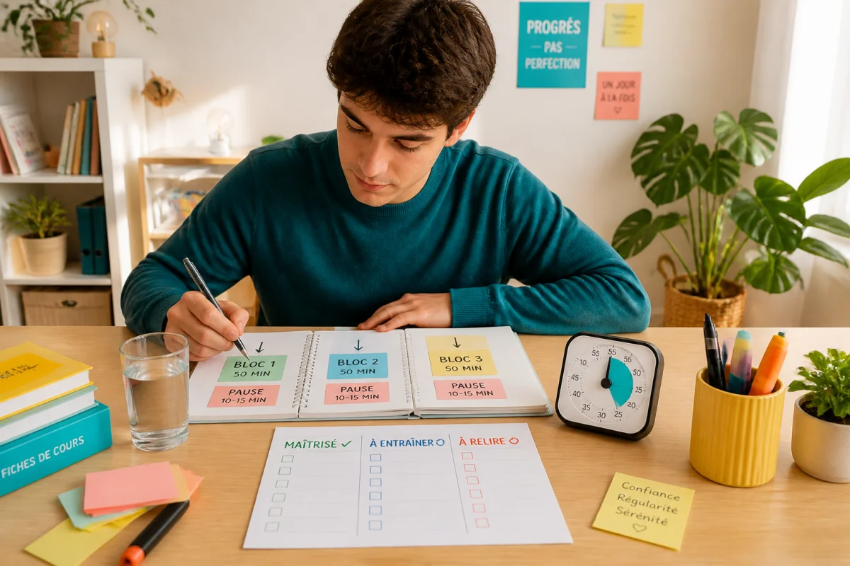 Étudiant organisant un planning de révision apaisant pour réussir la gestion du stress avant un examen