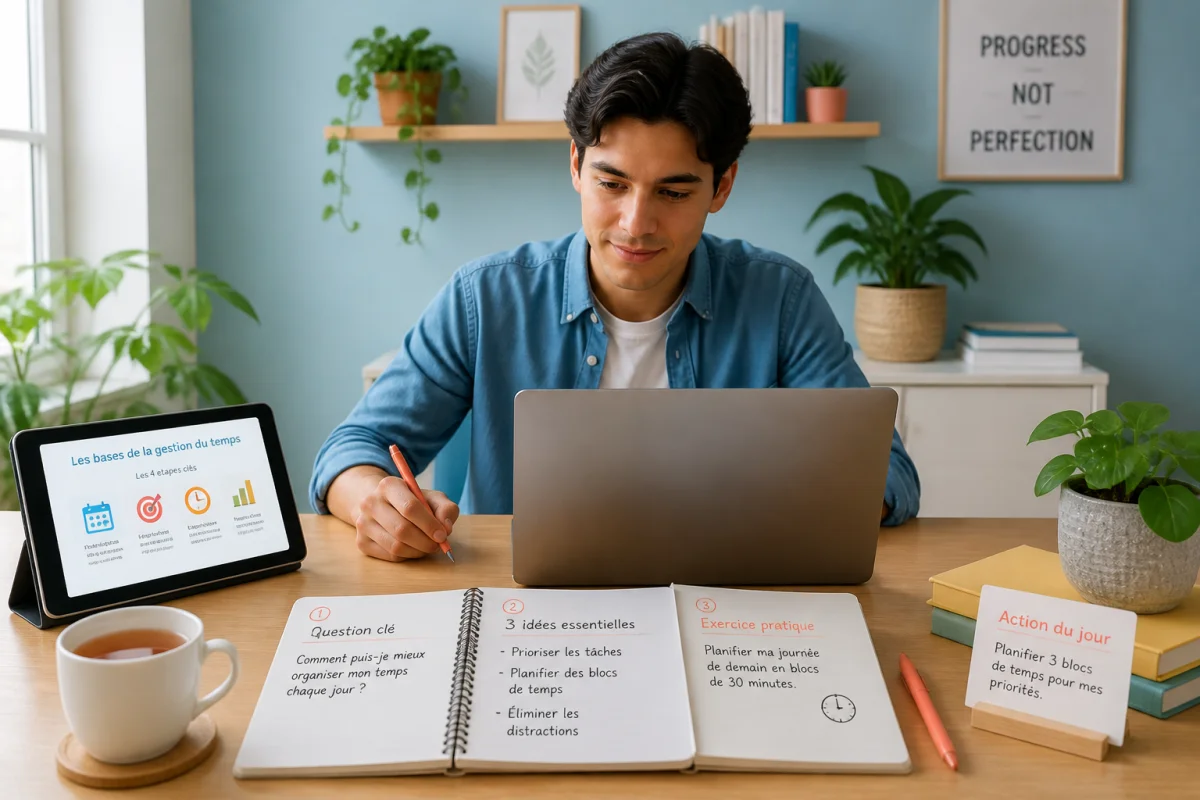 Lernvid aide un jeune adulte à structurer son apprentissage en ligne avec notes, exercice pratique et ordinateur portable.