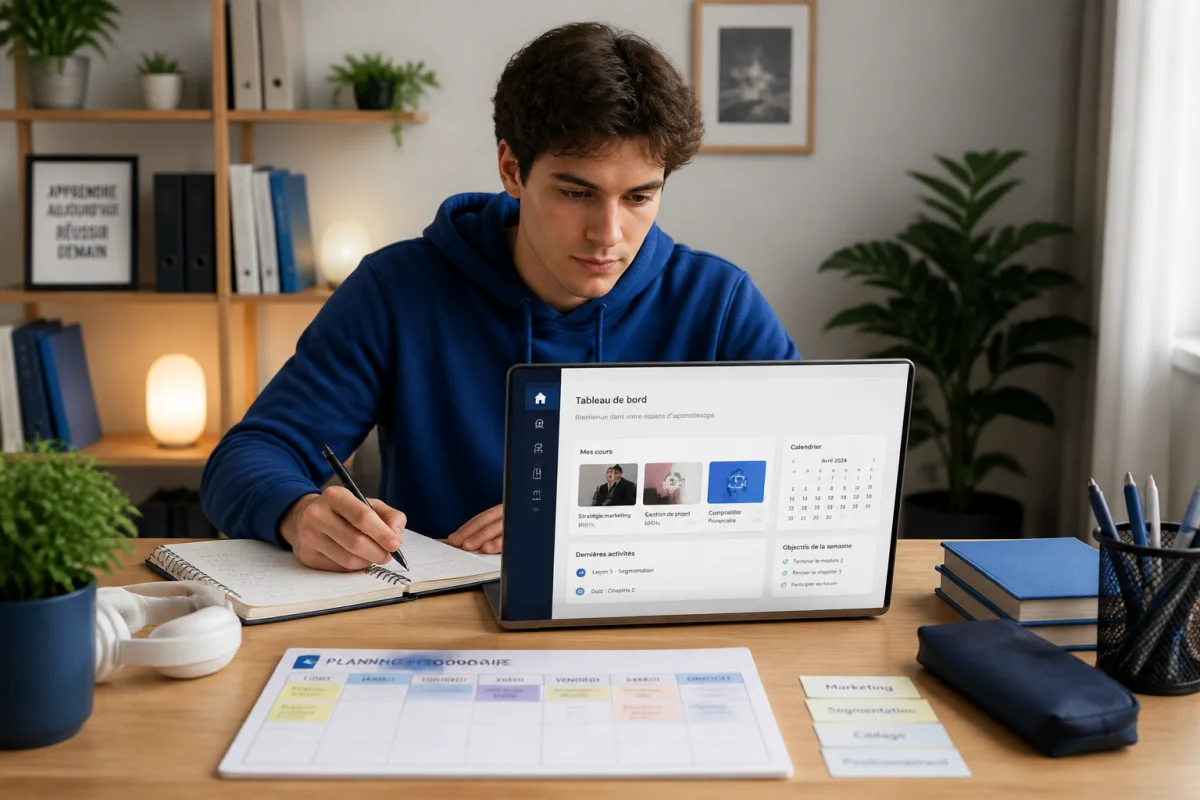 Apprenant utilisant Lernvid sur ordinateur portable, carnet ouvert et fiches de révision organisées dans un espace lumineux