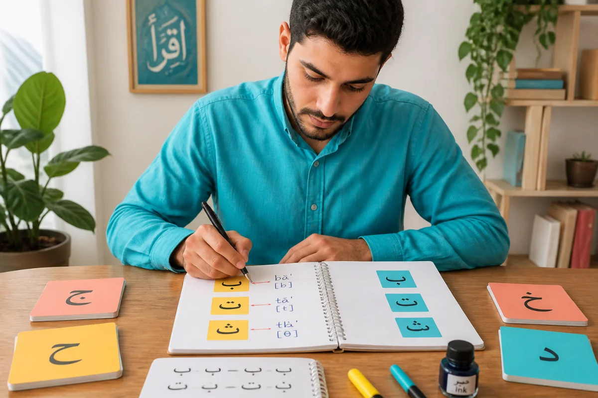 Méthodes pour apprendre l’arabe avec un carnet, des lettres manuscrites et des cartes pédagogiques colorées