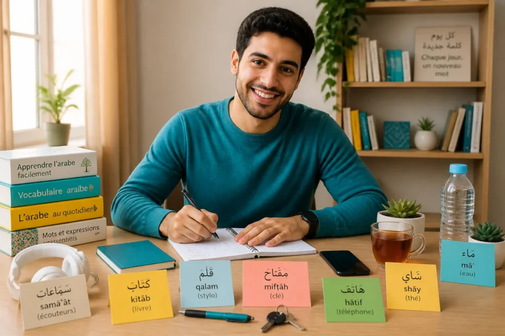Apprenant souriant utilisant fiches mémoire et objets étiquetés pour appliquer des méthodes pour apprendre l’arabe