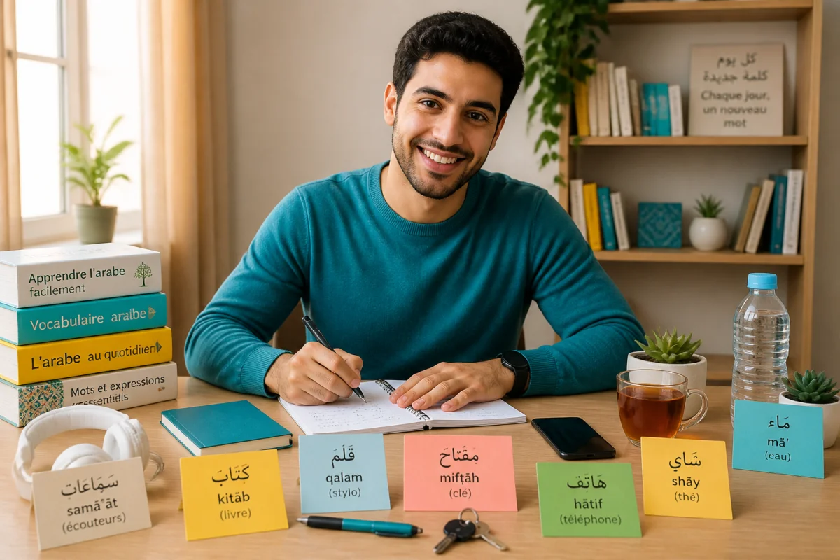 Apprenant souriant utilisant fiches mémoire et objets étiquetés pour appliquer des méthodes pour apprendre l’arabe