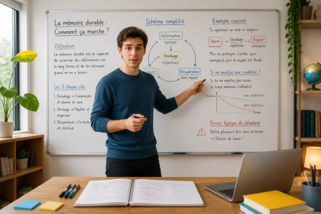 Jeune adulte expliquant des méthodes d’apprentissage efficaces devant un tableau pédagogique, carnet ouvert au premier plan