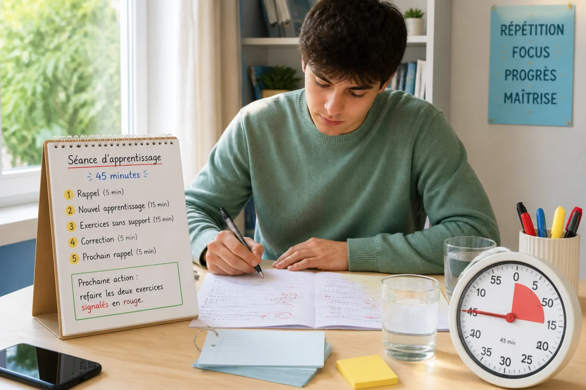 Étudiant concentré appliquant des méthodes d’apprentissage efficaces pendant une séance structurée de quarante-cinq minutes au bureau