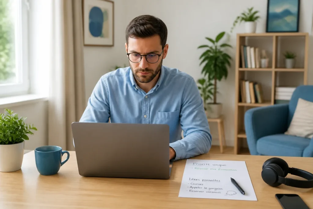 Personne concentrée devant un ordinateur pour organiser sa formation en ligne, avec notes et espace de travail ordonné