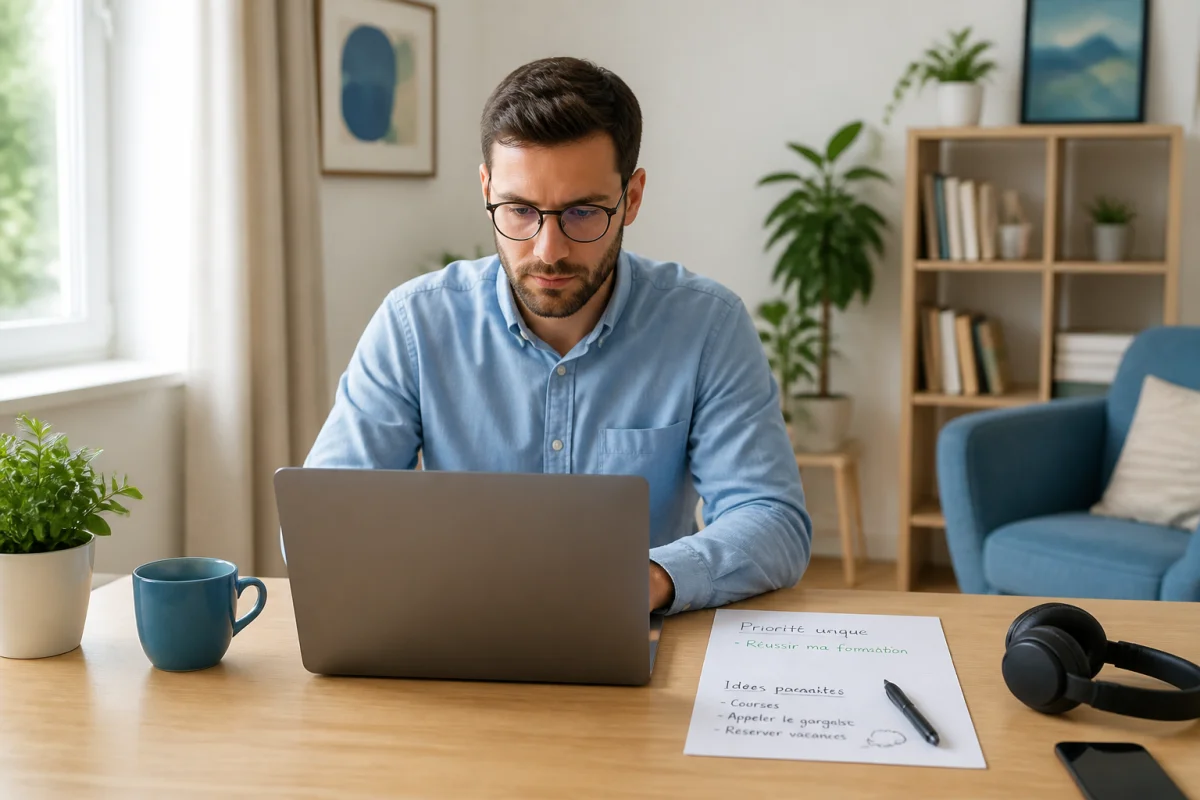 Personne concentrée devant un ordinateur pour organiser sa formation en ligne, avec notes et espace de travail ordonné