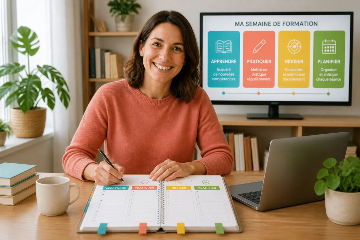 Personne souriante organisant sa formation en ligne avec un agenda hebdomadaire coloré et quatre créneaux d’apprentissage distincts