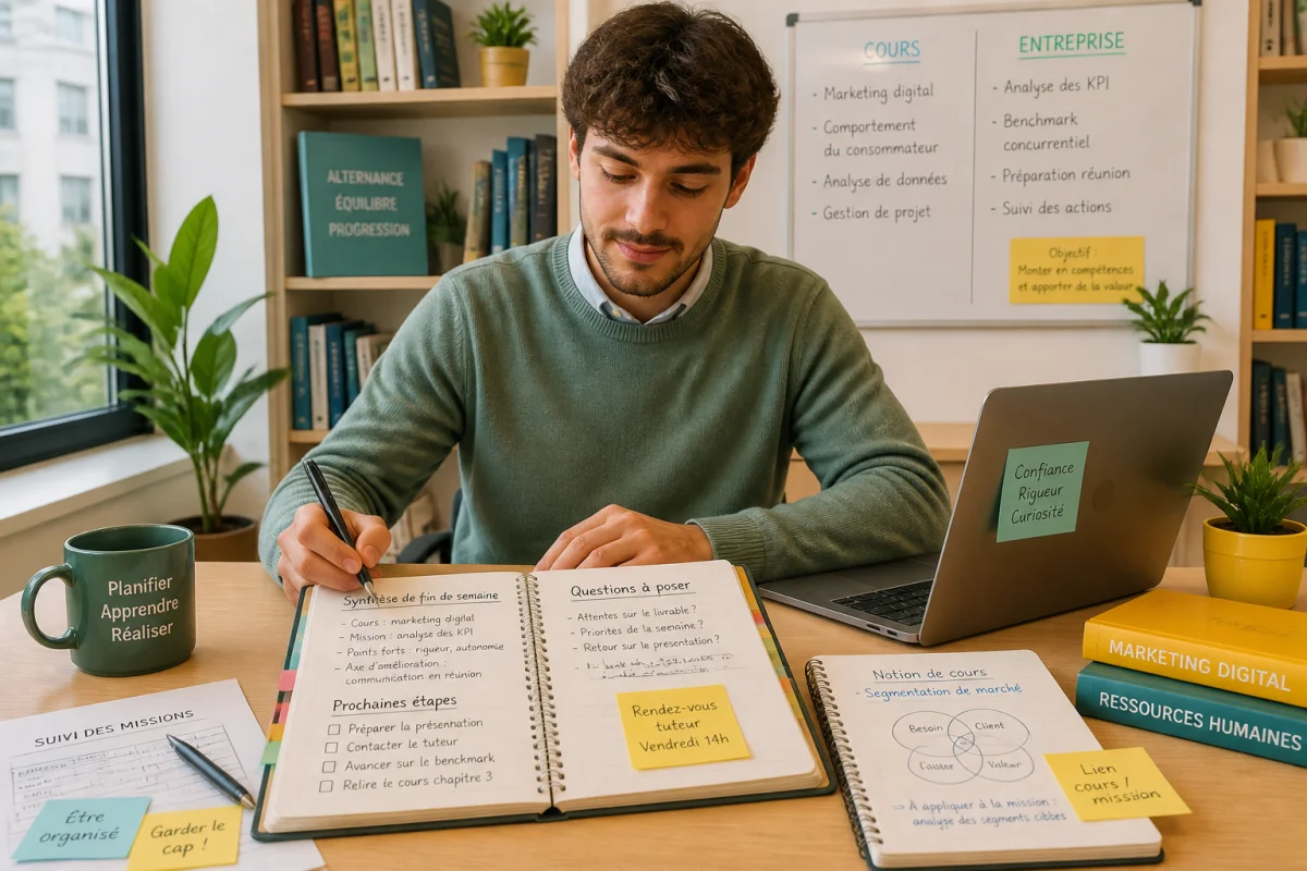 Alternant organisant sa semaine pour réussir sa formation en alternance, avec agenda et ordinateur dans une bibliothèque lumineuse.