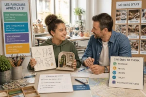 Collégienne échangeant avec un conseiller sur son orientation après le collège dans un atelier de métiers d’art