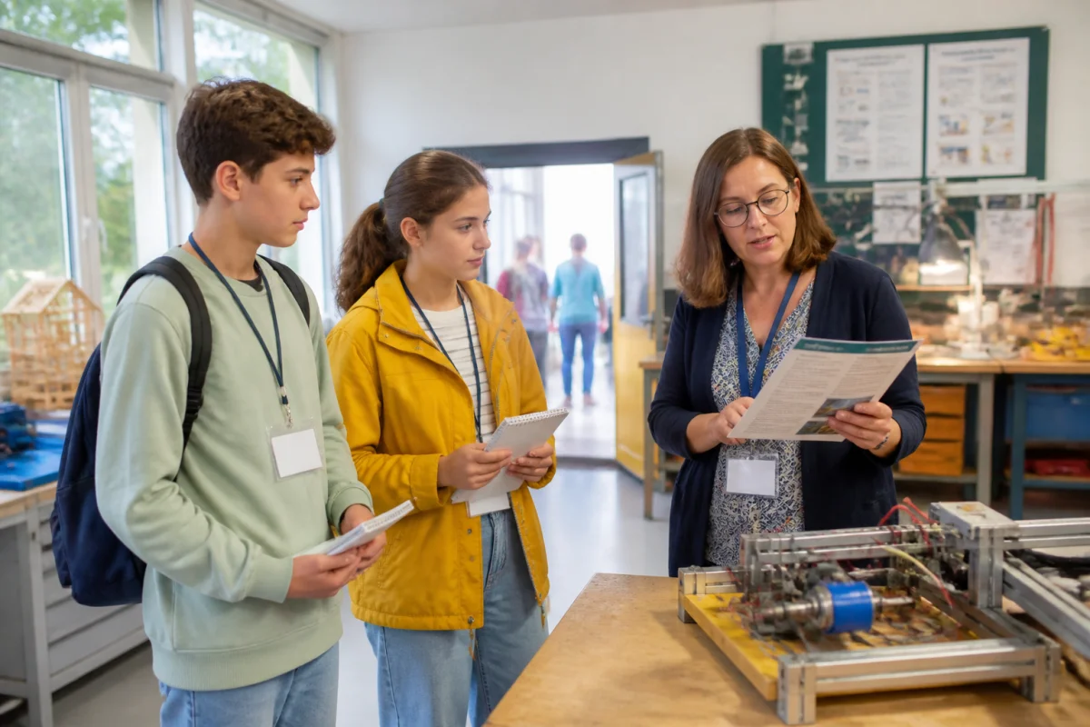 Deux collégiens découvrent un atelier de lycée professionnel avec une enseignante pour préparer leur orientation après le collège.