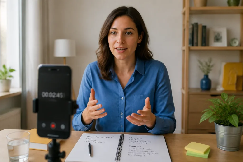 Jeune professionnelle préparant un entretien d'embauche avec un téléphone, des notes et un chronomètre sur un bureau lumineux