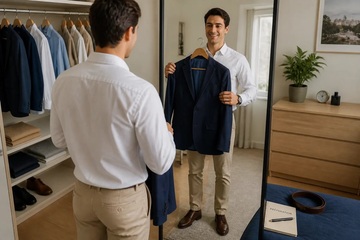 Jeune adulte souriant choisissant une veste bleu marine pour préparer un entretien d’embauche devant un miroir