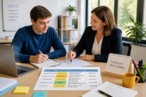 Alternant prenant des notes lors d’un feedback avec sa tutrice, illustrant la réussite d’une formation en alternance.