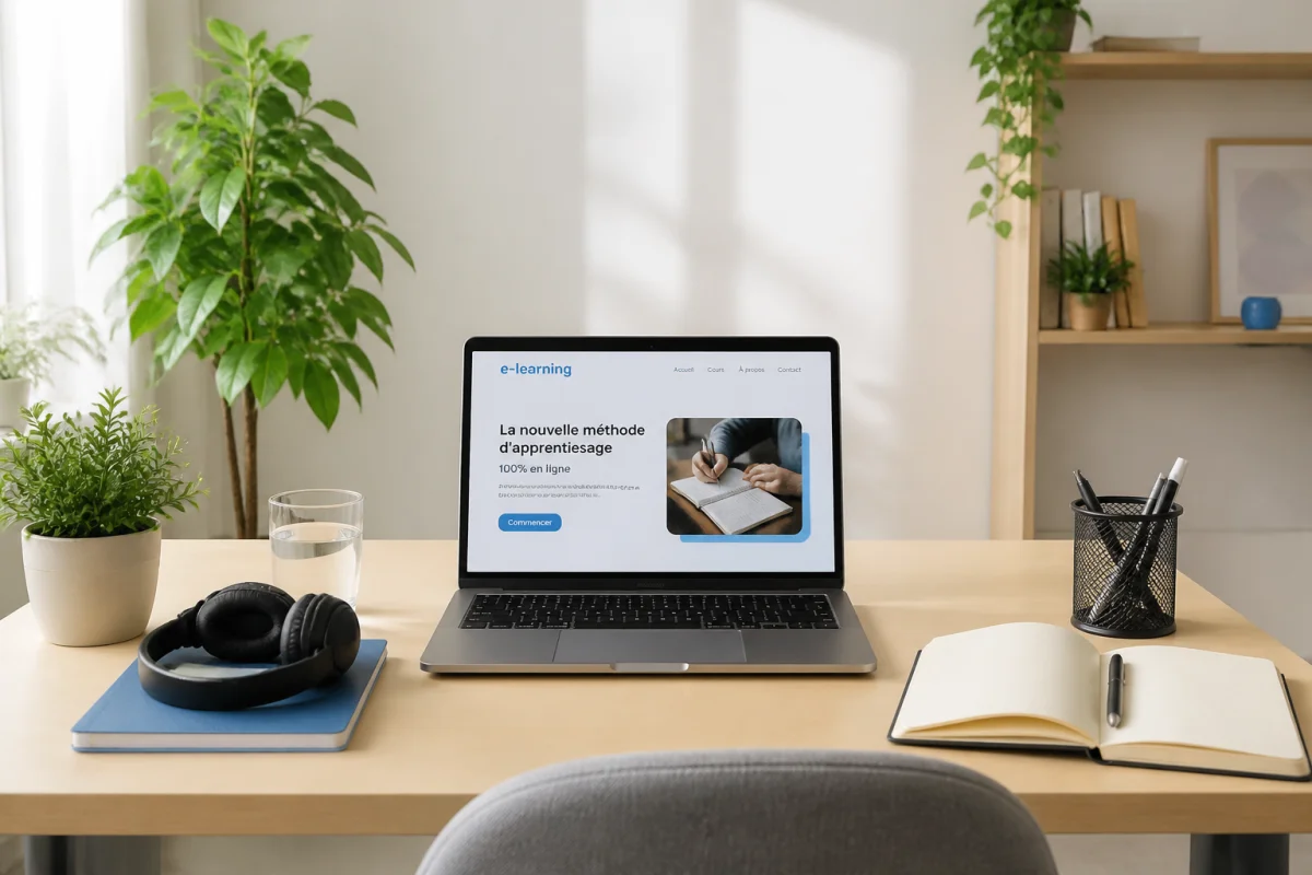 Espace de travail organisé pour réussir sa formation à distance, avec ordinateur portable, carnet ouvert et plante verte.
