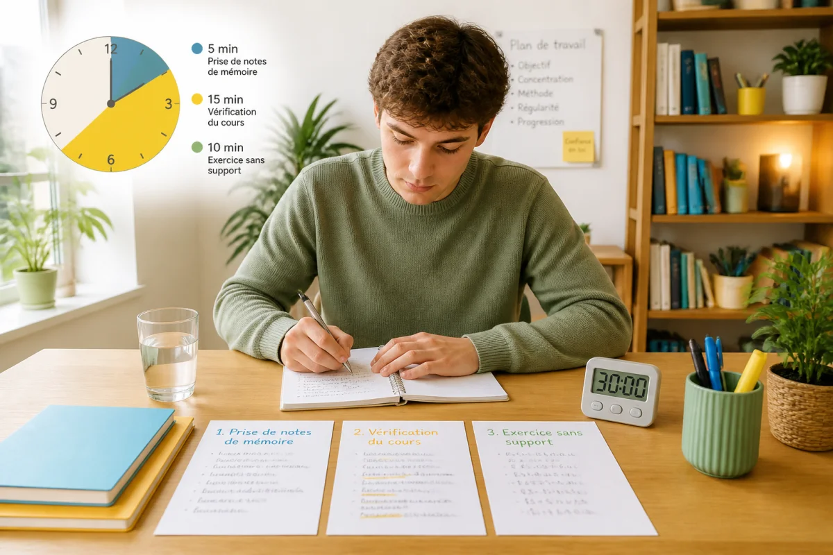 Étudiant concentré révisant efficacement ses cours avec fiches, exercices et minuteur dans un bureau lumineux