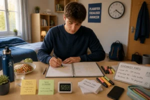 Étudiant organisant calmement son planning pour réviser efficacement ses cours, avec séances courtes, priorités et pauses planifiées