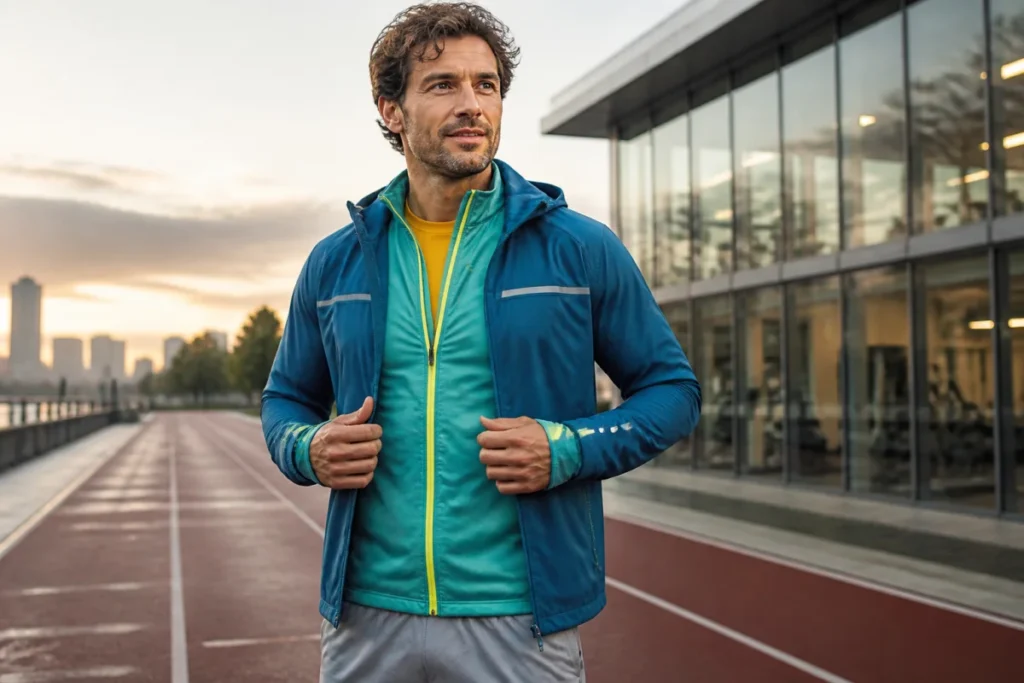 Sportive portant trois couches techniques pour choisir sa tenue de sport, avec détails réfléchissants et chaussures de course.