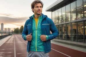 Sportive portant trois couches techniques pour choisir sa tenue de sport, avec détails réfléchissants et chaussures de course.