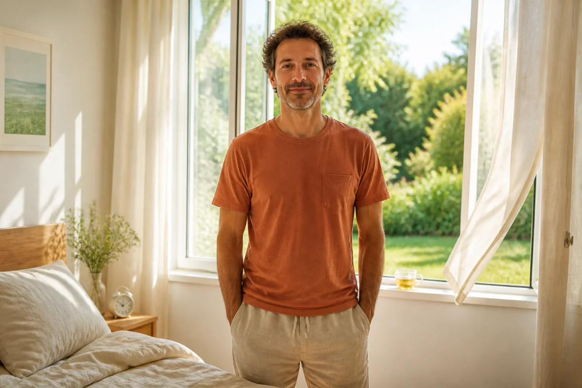 Adulte serein profitant de la lumière matinale près d’une fenêtre ouverte, symbole de nuits réparatrices et troubles du sommeil chez l’adulte