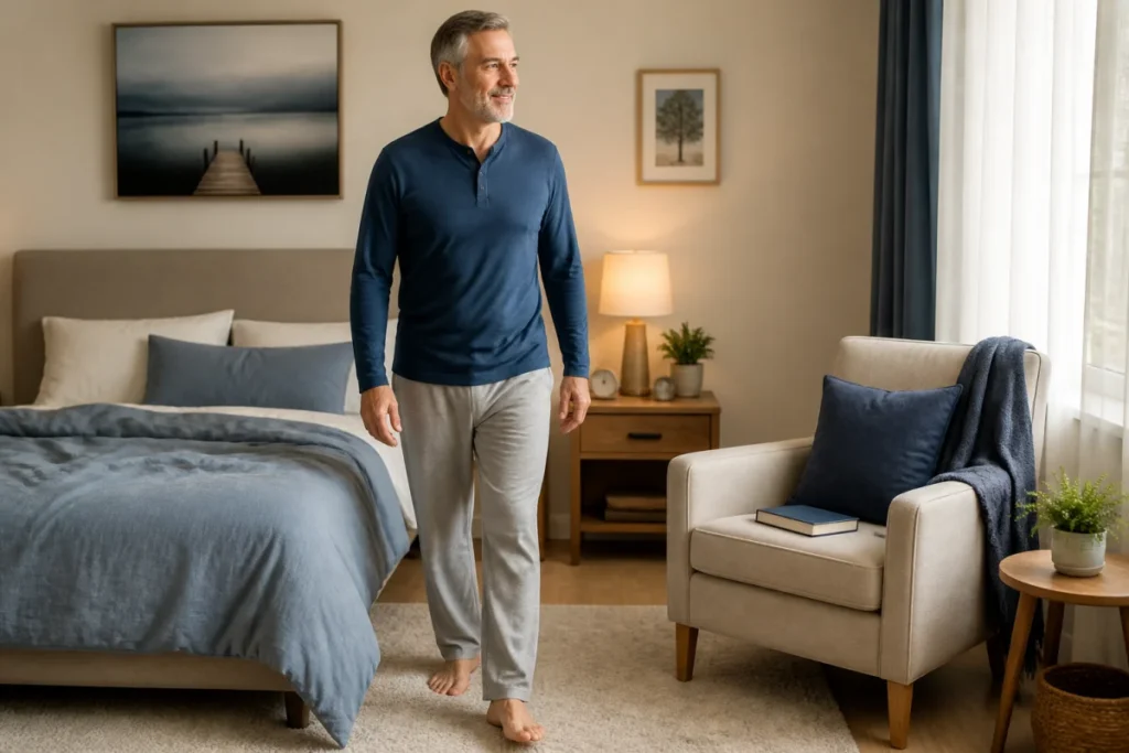 Adulte quittant son lit pour se détendre dans un fauteuil, illustrant les troubles du sommeil chez l’adulte
