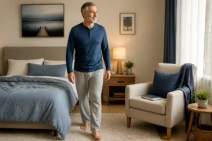 Adulte quittant son lit pour se détendre dans un fauteuil, illustrant les troubles du sommeil chez l’adulte